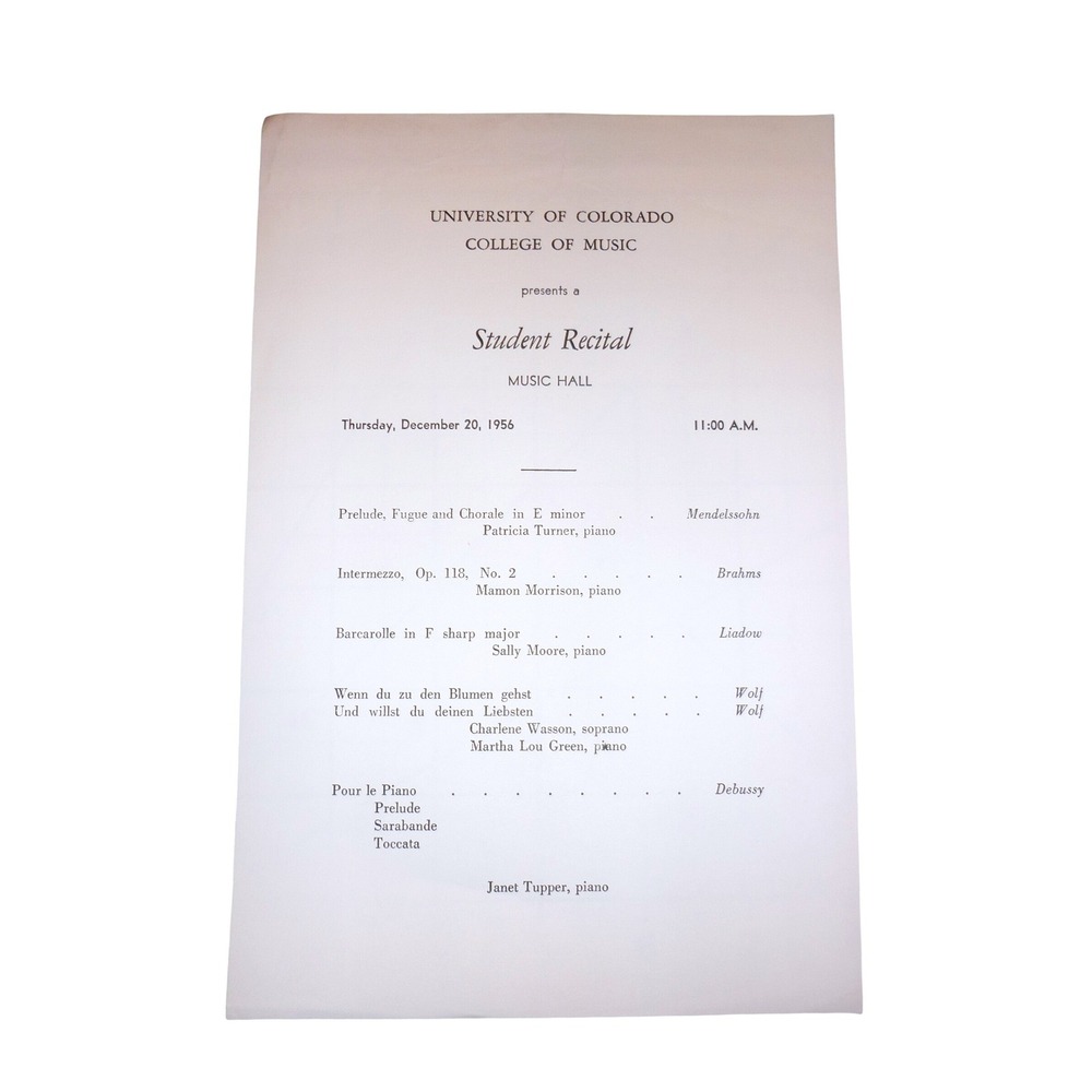 Vintage 1956 University of Colorado College of Music Student Recital Program